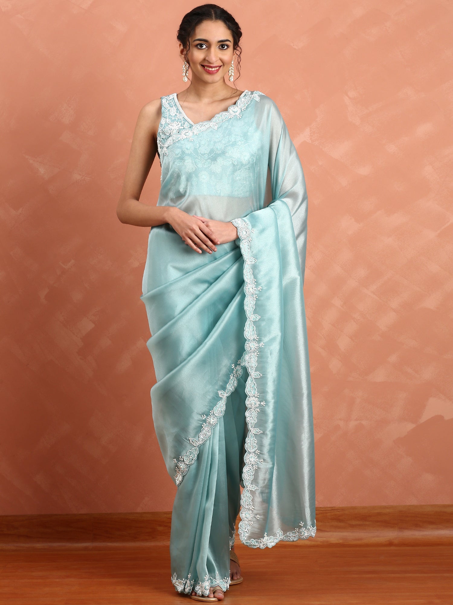 Blue Jimmy satin tissue saree work pearls & sequins embroidery with ready made blouse