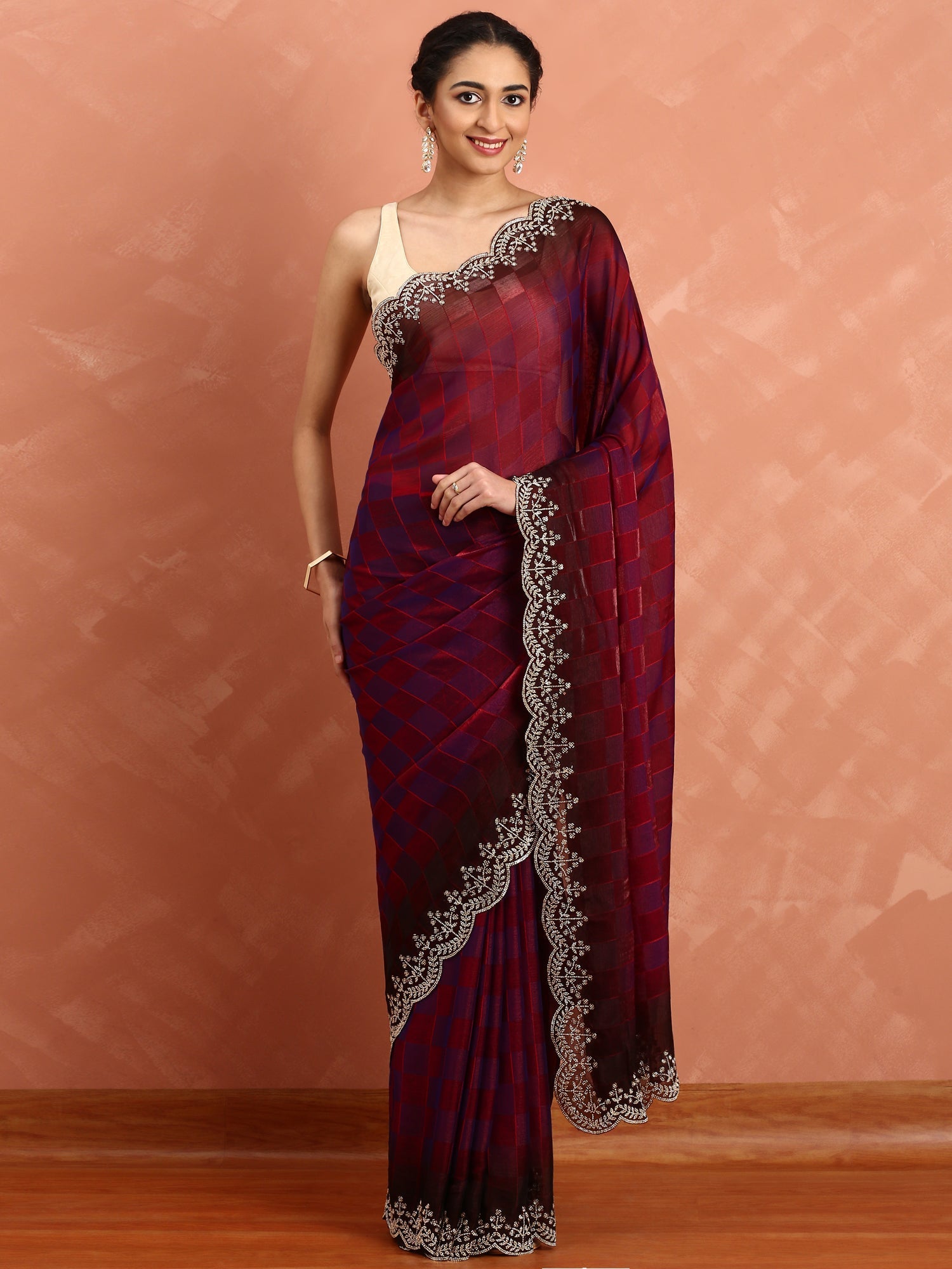 Mahroon jacquard satin organza saree with hand embroidery