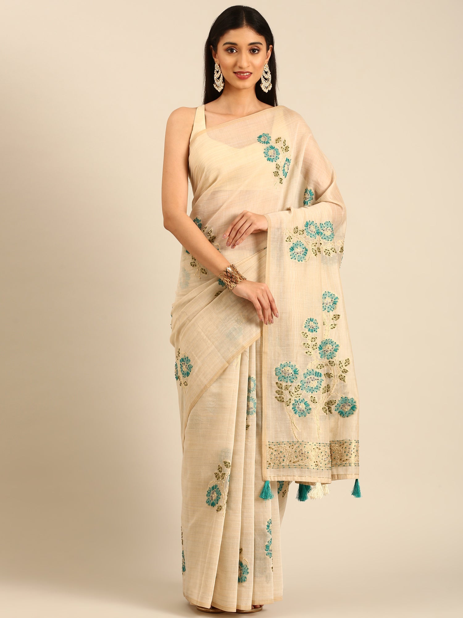 Cream Chanderi Silk Saree With Sequins And French Knot Embroidery