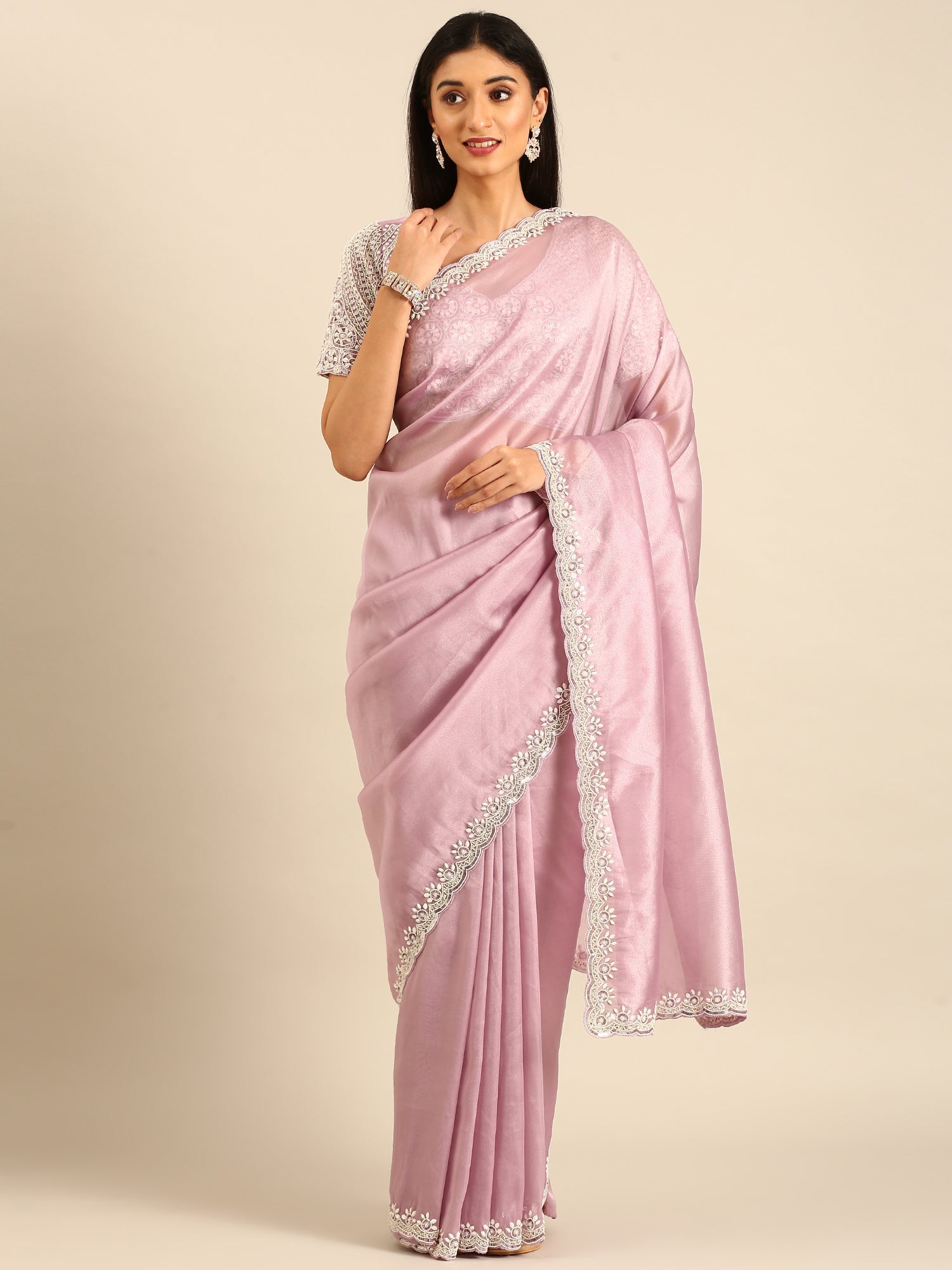 Lavender Jimmy tissue saree with pearls & beads embroidery with heavy ready made blouse