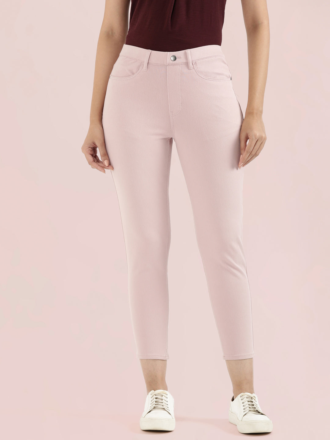 Baby Pink Cotton Poly Stretch Cropped Colored Jeggings