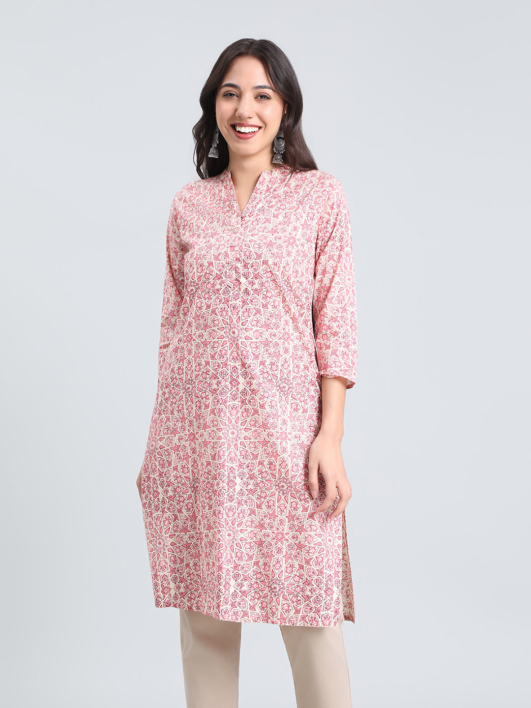 Cotton Geometric Print Straight Kurta