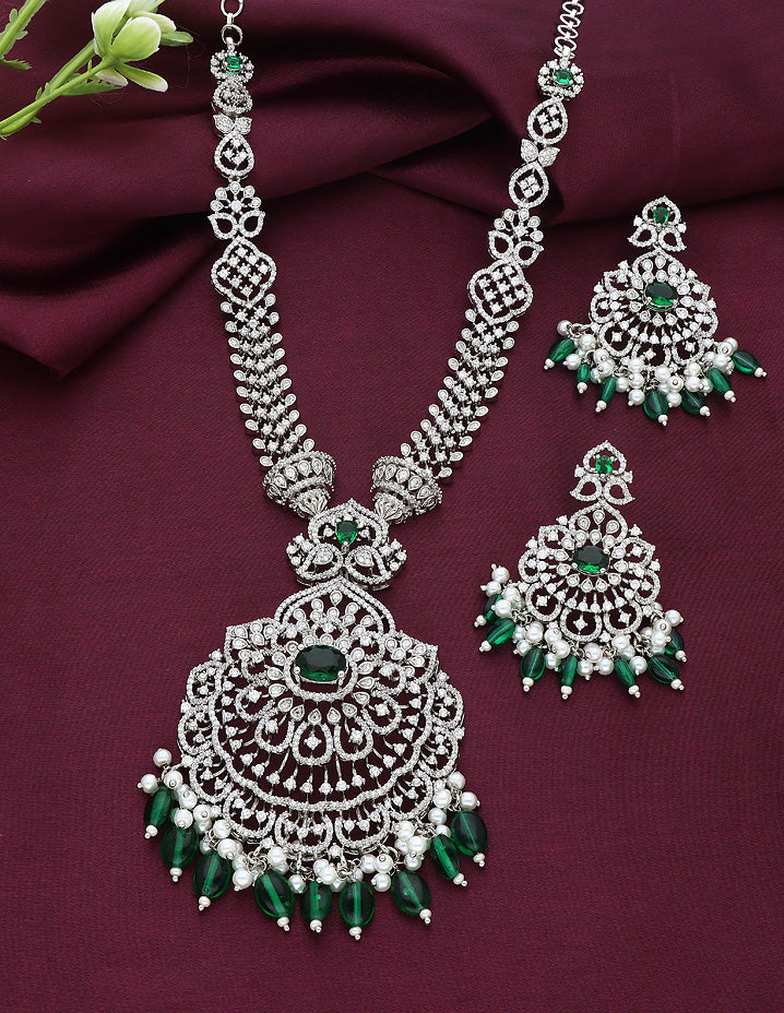 Designer Rhodhium Polish Zirconia Emerald Necklace Set