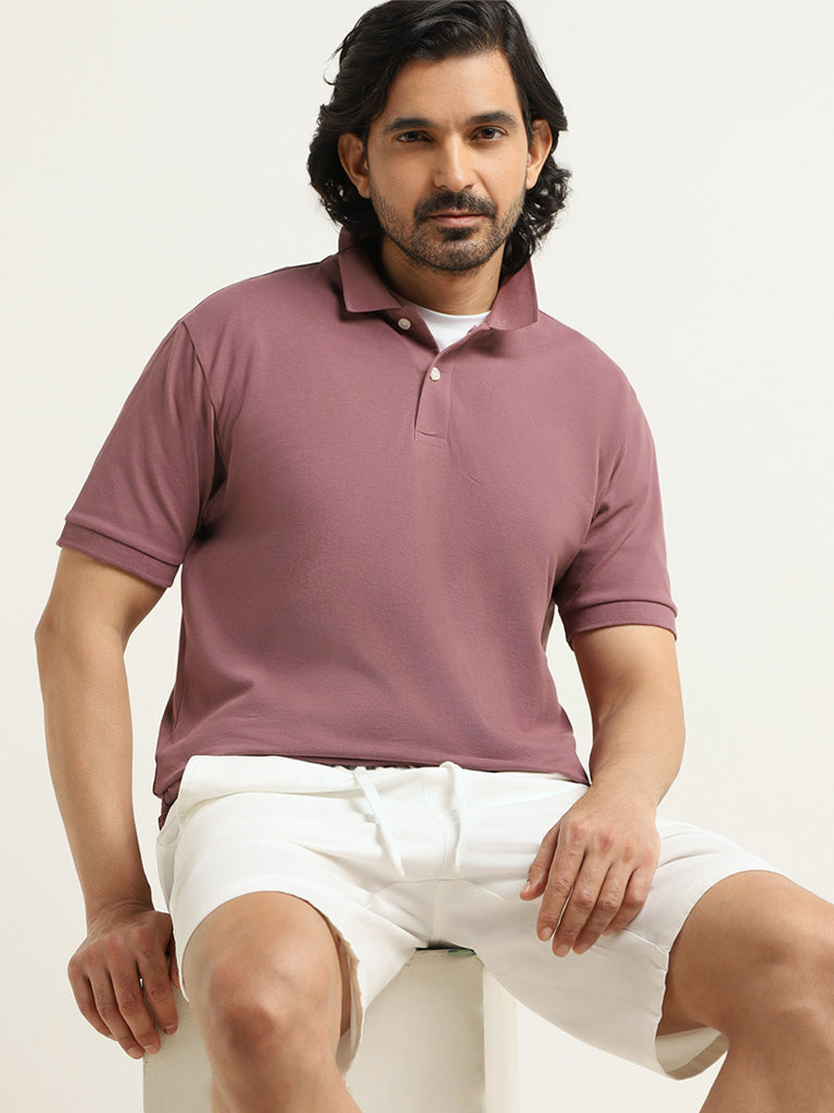 WES Casuals Mauve Cotton Relaxed-Fit Polo T-Shirt