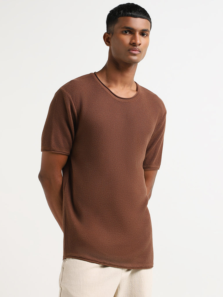 ETA Dark Brown Self Patterned Slim Fit T-Shirt