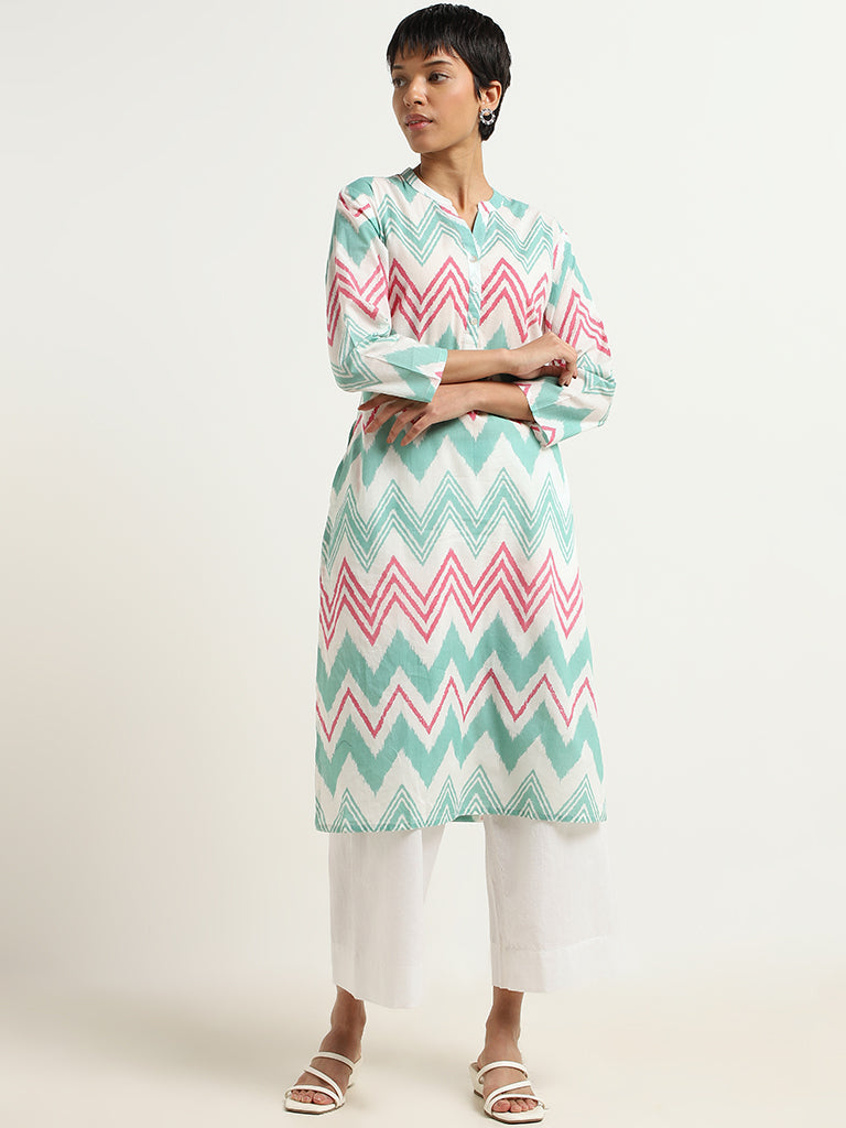 Utsa Turquoise Chevron Printed Cotton Kurta