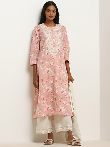 Utsa Pink Floral Embroidered Cotton Kurta