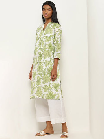 Utsa Green Floral Printed Straight Cotton Kurta