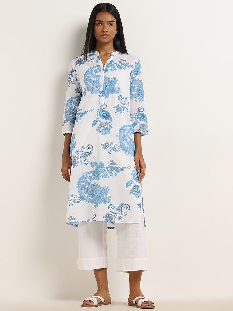 Utsa Blue Paisley Design Straight Cotton Kurta