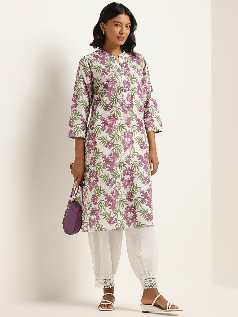 Utsa Purple Straight Fit Floral Print Cotton Kurta