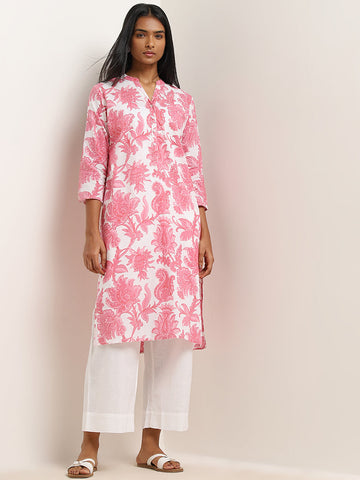 Utsa Pink Floral Pattern Straight Cotton Kurta