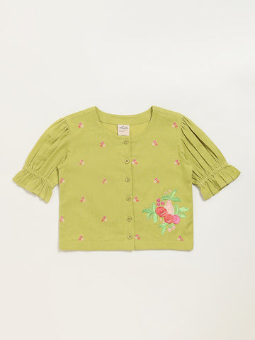 Utsa Kids Green Button-Up Floral Cotton Blend Top (8 -14yrs)