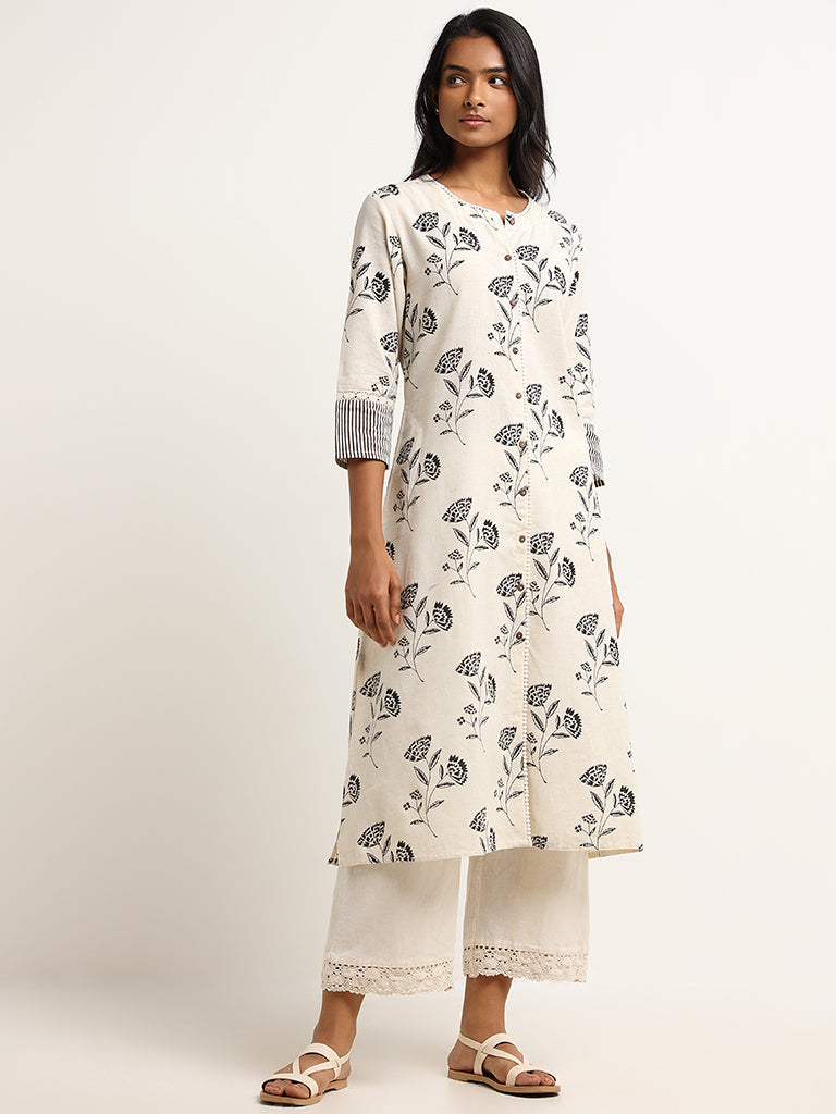 Utsa Off-White Floral Print Blended Linen Kurta