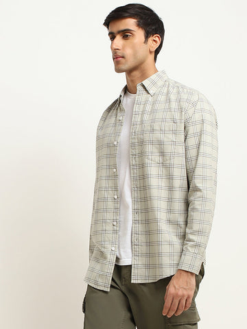 WES Casuals Checks Sage Cotton Blend Relaxed Fit Shirt