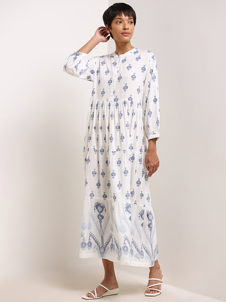 Utsa White Gathered Button-Down Maxi Dress