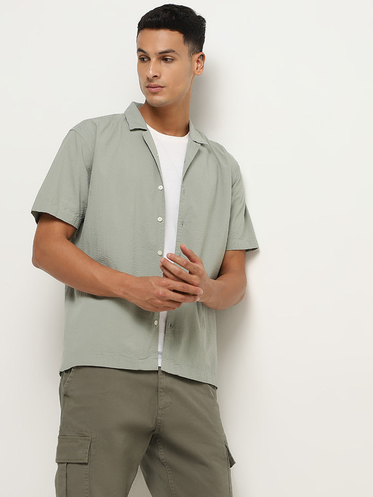 WES Casuals Light Sage Seersucker Cotton Relaxed Fit Shirt