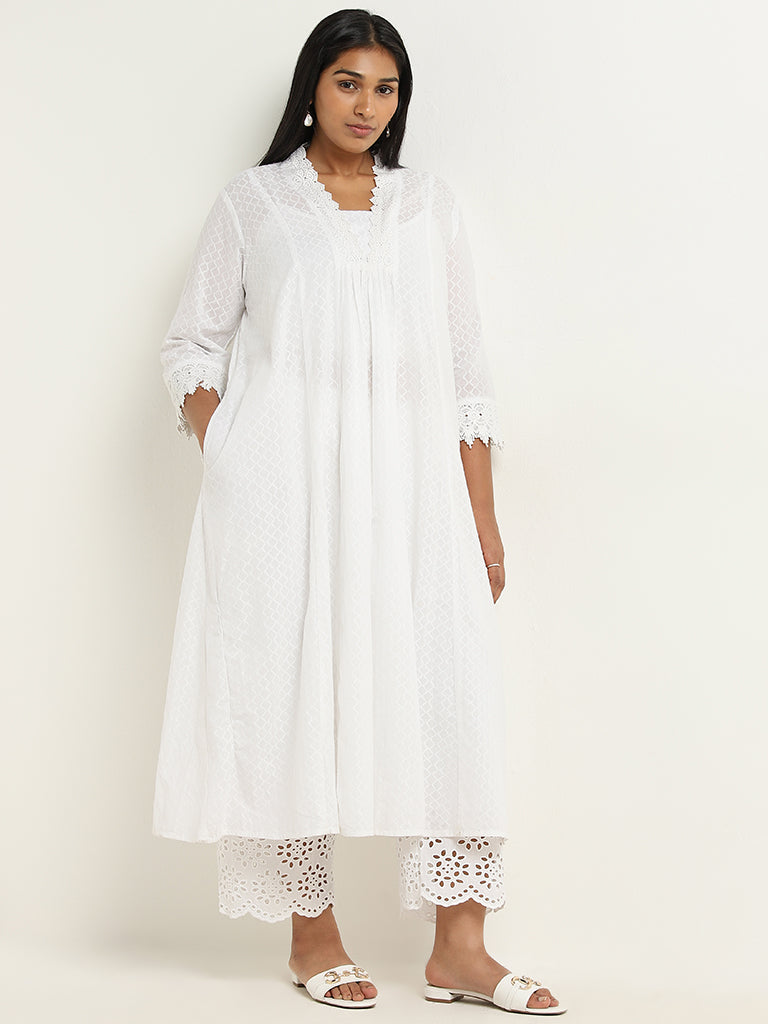 Diza White Crochet Detailed A-line Cotton Kurta