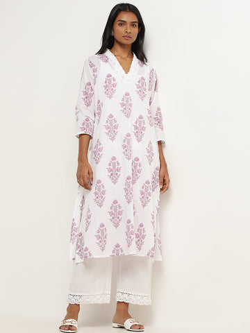 Utsa Lilac Floral Patterned A-Line Cotton Kurta