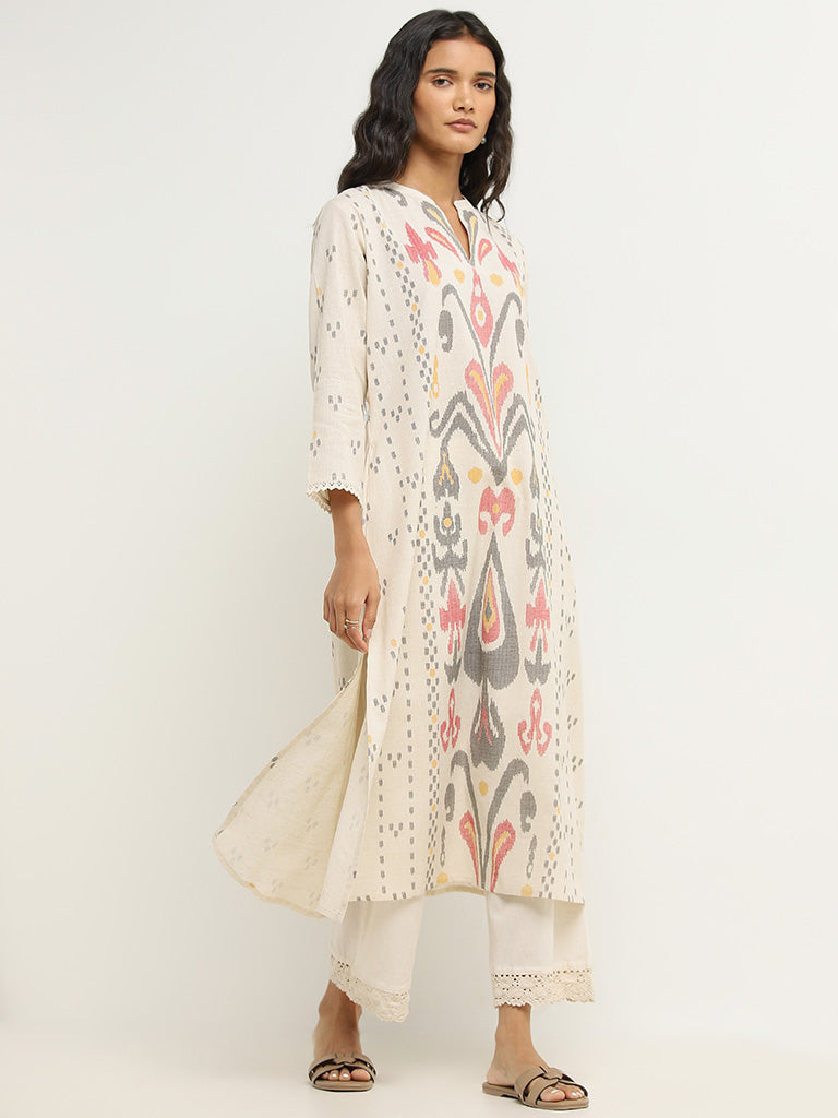 Utsa Beige Ikat Printed Cotton A-Line Kurta