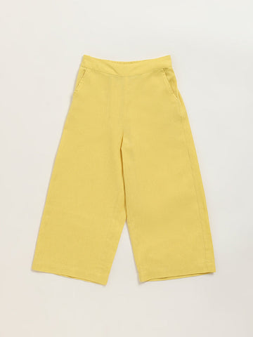 Utsa Kids Yellow Mid-Rise Wide-Leg Cotton Blend Palazzos (8 -14yrs)