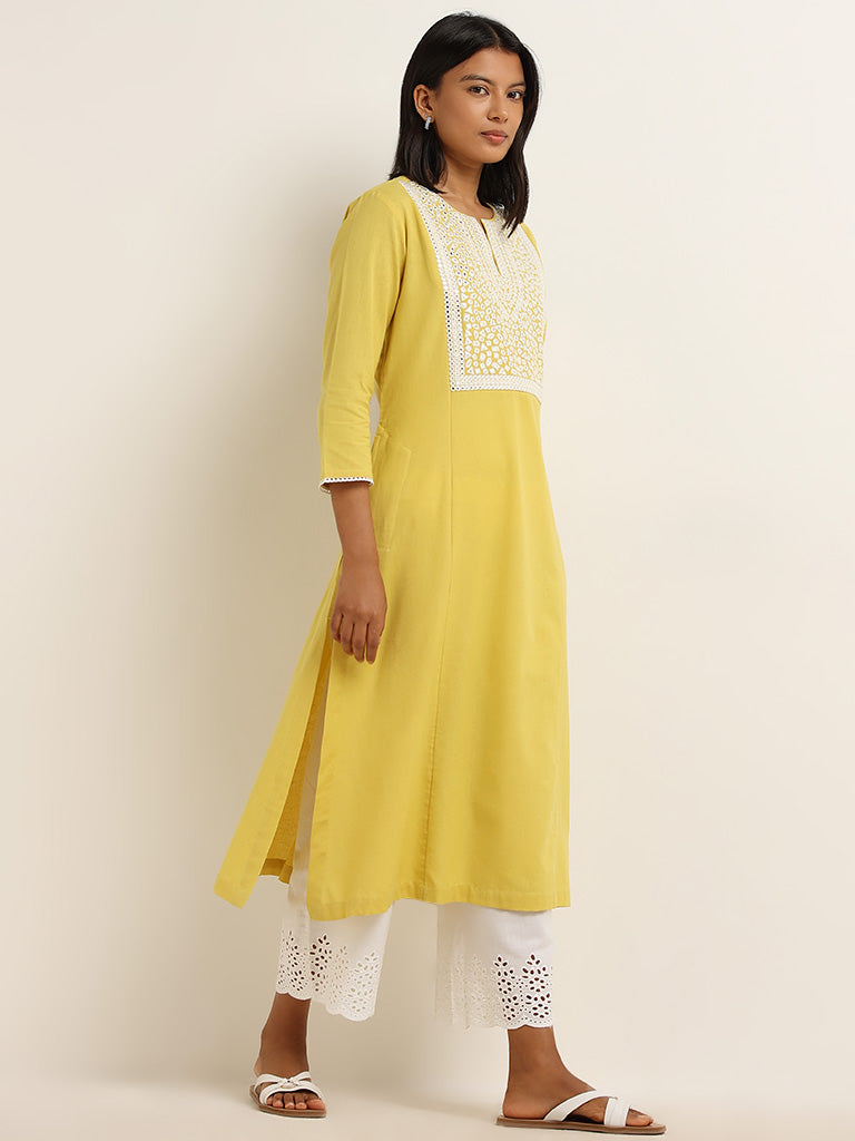 Utsa Mustard Mirror Detailed Blended Linen A-Line Kurta