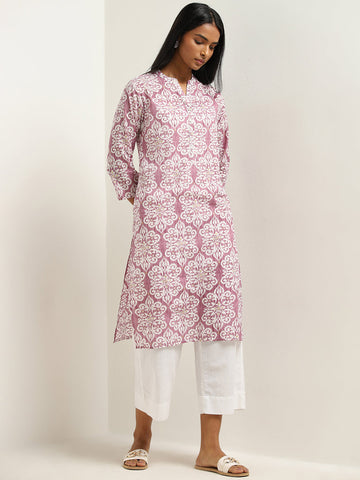 Utsa Light Purple Ikat Printed Straight Cotton Kurta