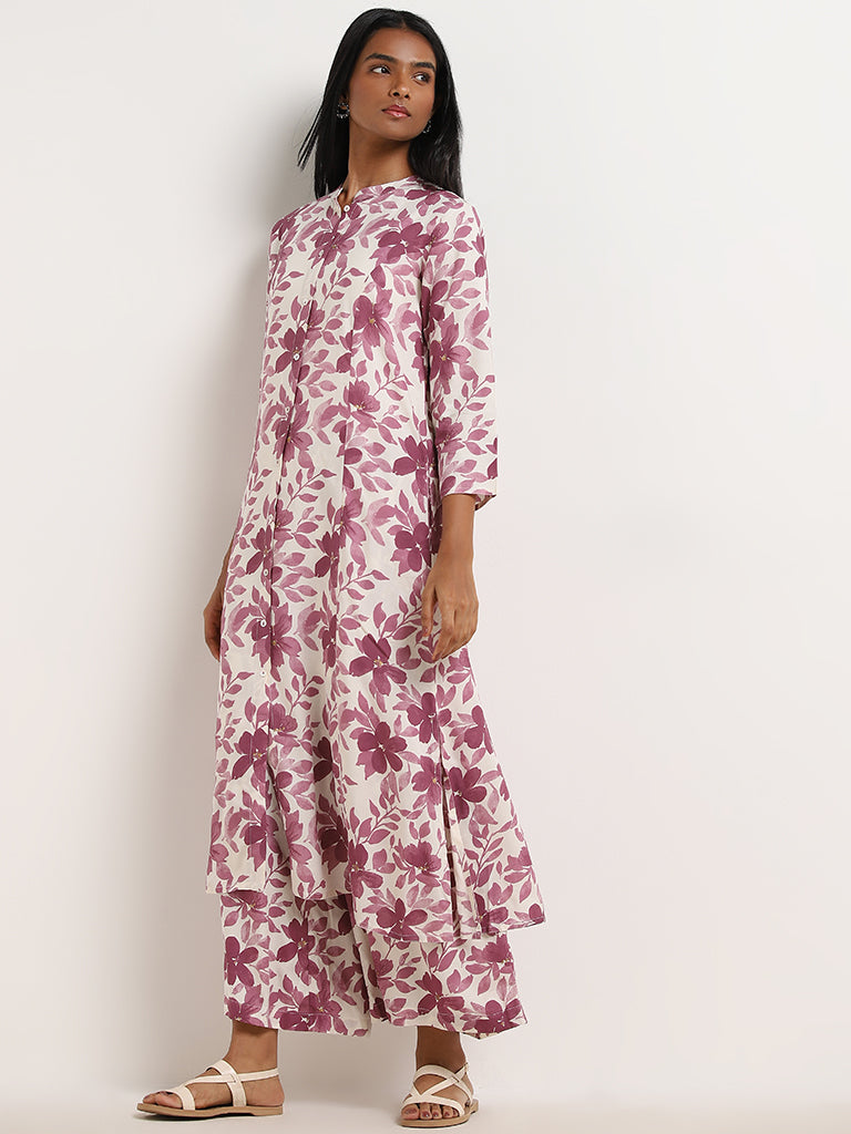 Utsa Purple Floral Printed A-Line Kurta