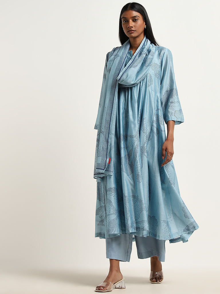 Zuba Dusty Blue Flower Fit-and-Flare Kurta with Camisole