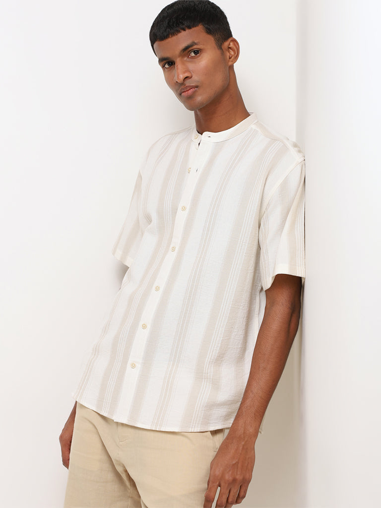 ETA Beige Striped Relaxed Fit Grandad Shirt