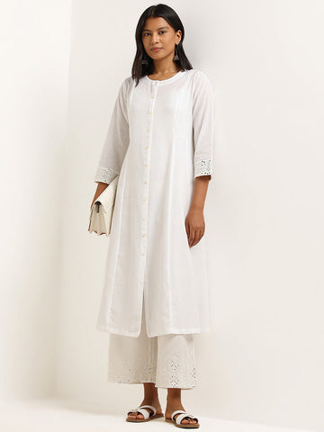 Utsa White Mirror-Detailed Blended Linen A-Line Kurta