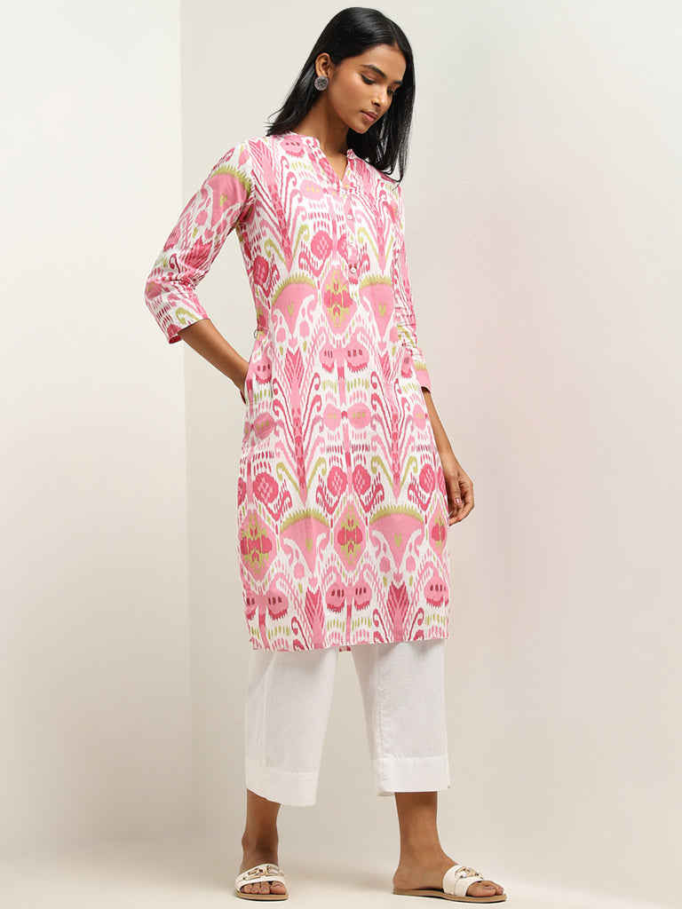 Utsa Pink Ikat Printed Straight Cotton Kurta