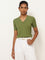 LOV Green Ribbed V Neck Top