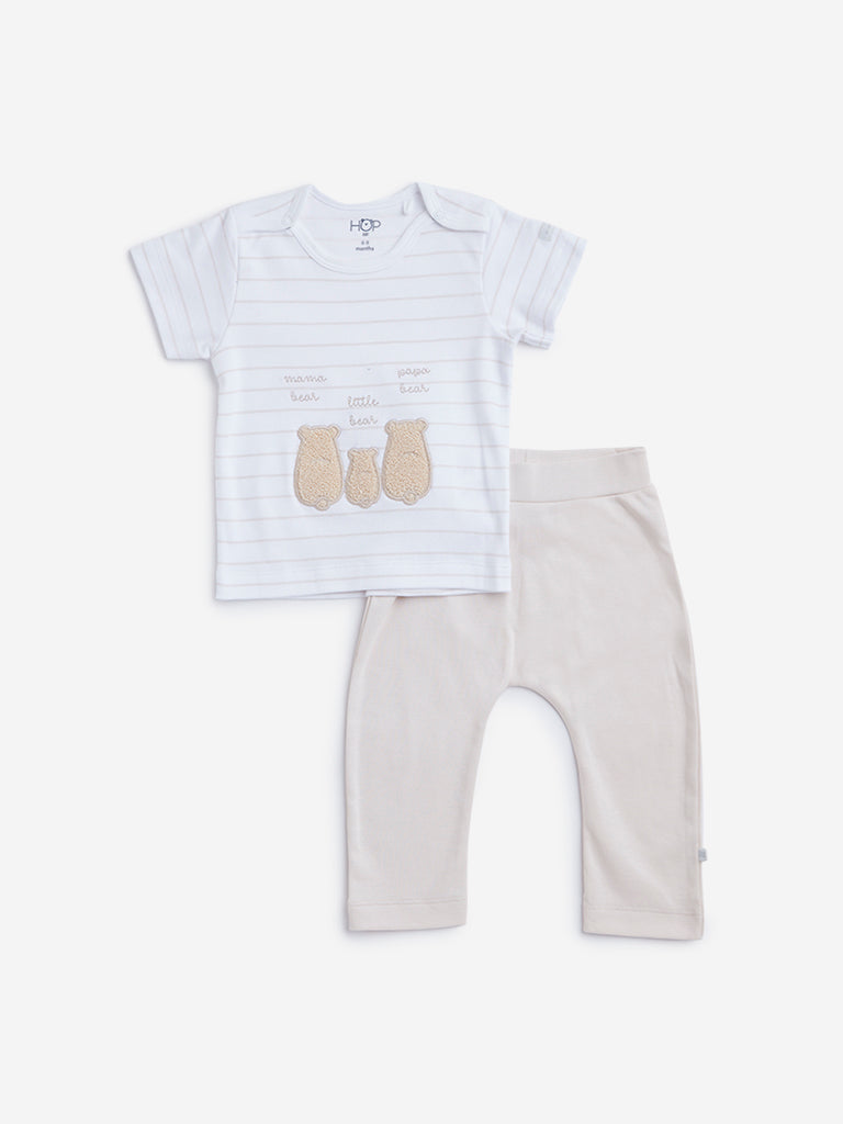 HOP Baby Beige Striped T-Shirt and Pants Set