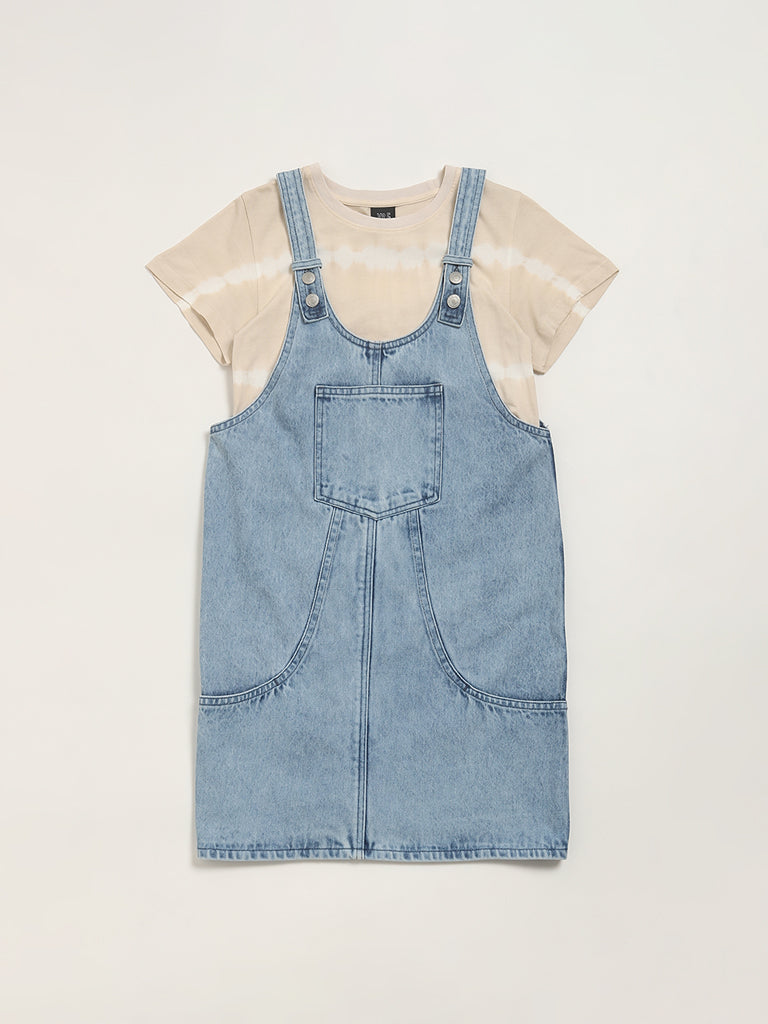 Y&F Kids Denim Blue Straight Pinafore Dress with T-Shirt