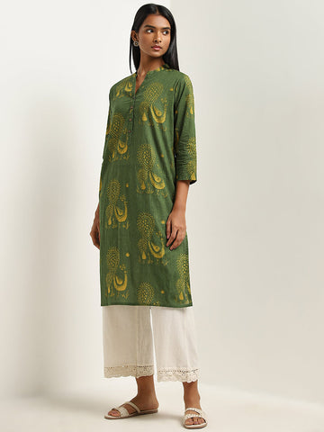 Utsa Light Olive Peacock Butta Print Straight Cotton Kurta