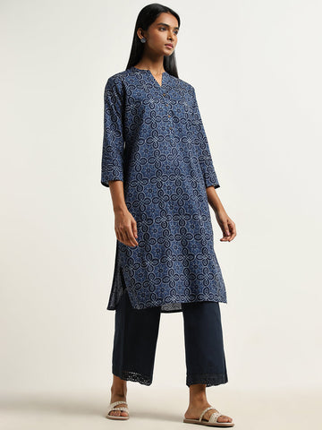 Utsa Indigo Rangoli Block Printed Straight Cotton Kurta