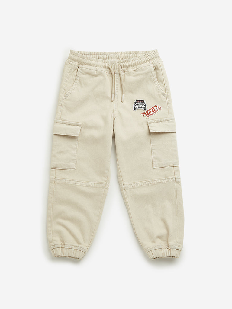 HOP Kids Beige Cargo-Style Mid Rise Joggers