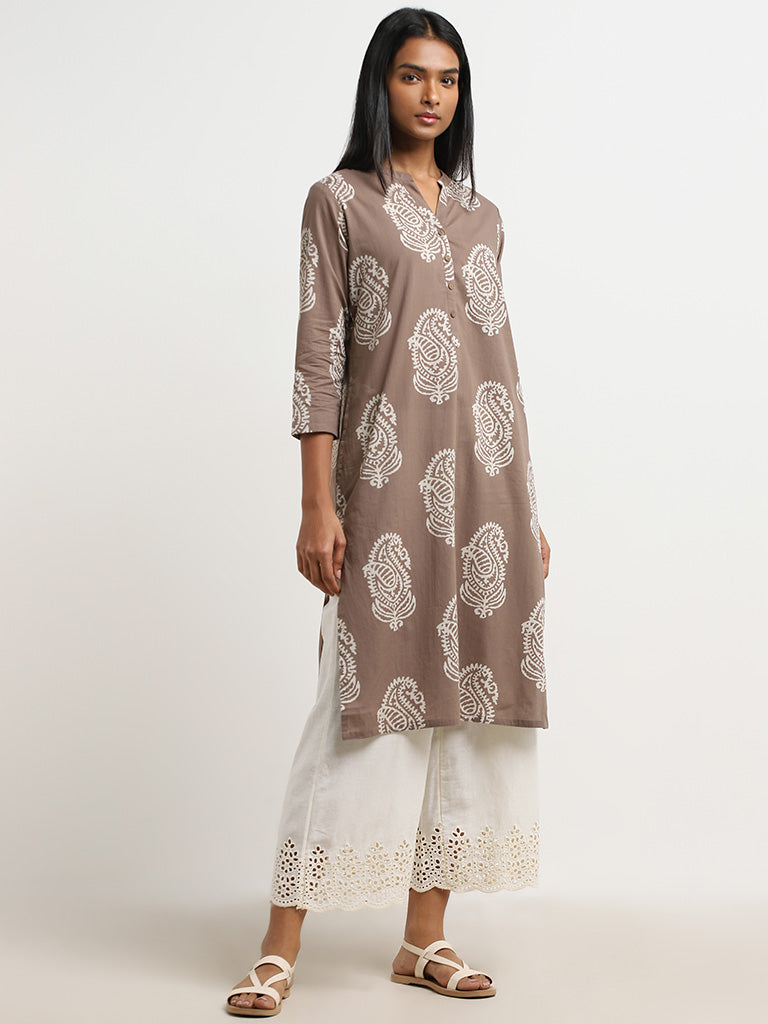 Utsa Taupe Paisley Design Straight Cotton Kurta