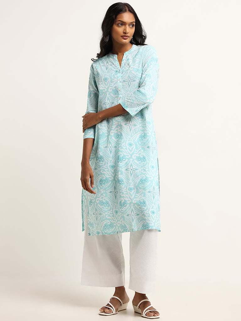 Utsa Blue Printed Cotton Straight Fit Kurta