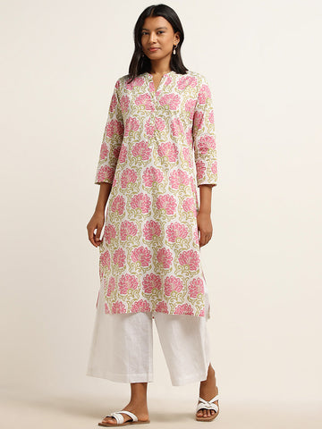 Utsa Pink Floral Printed Straight Kurta