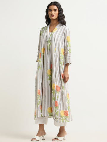 Utsa Grey Striped Pattern A-Line Cotton Kurta