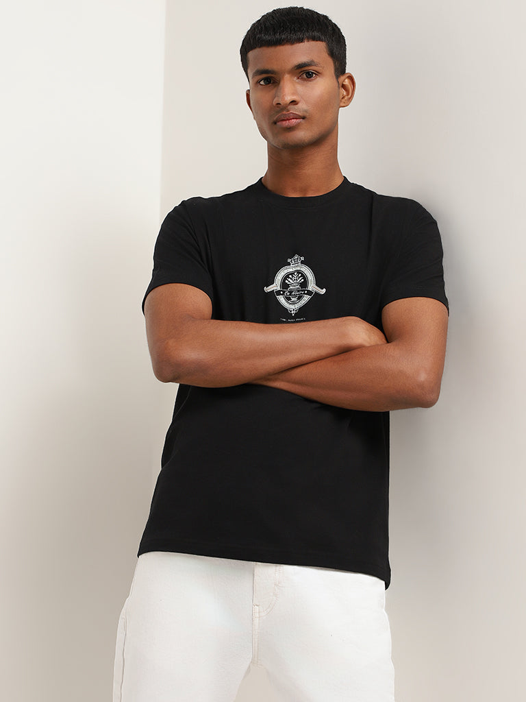 Nuon Black Slim-Fit Printed Cotton T-Shirt