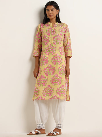 Utsa Yellow Floral Printed Straight Kurta