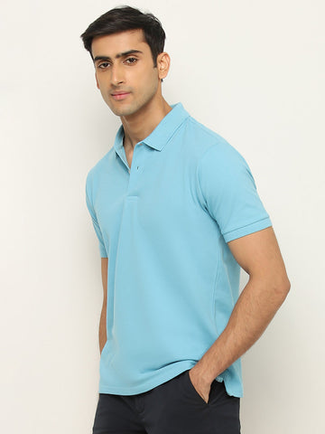 WES Casuals Blue Solid Slim Fit Polo T-Shirt