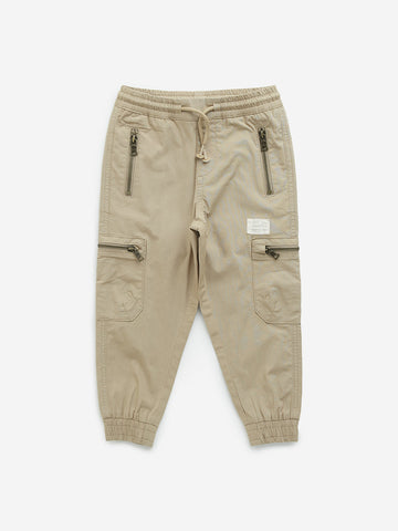 HOP Kids Beige Mid-Rise Cotton Blend Cargo Joggers