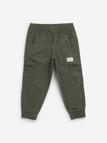 HOP Kids Olive Mid-Rise Cotton Blend Cargo Joggers