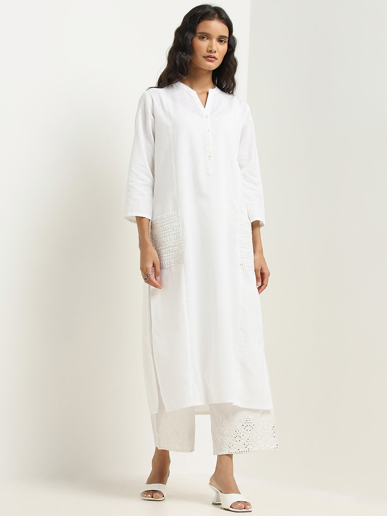 Utsa White Mirror-Detailed Cotton Straight Kurta