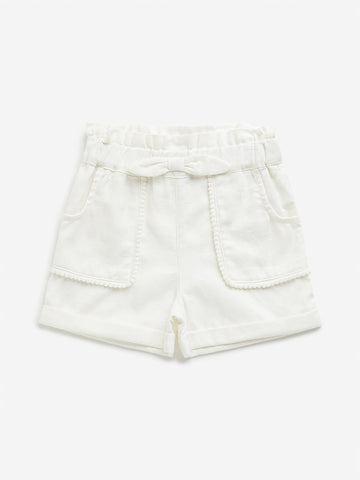 HOP Kids White Paperbag-Waist Mid-Rise Cotton Shorts