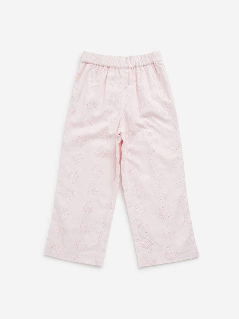 HOP Kids Light Pink Butterfly Schiffli Mid-Rise Cotton Pants