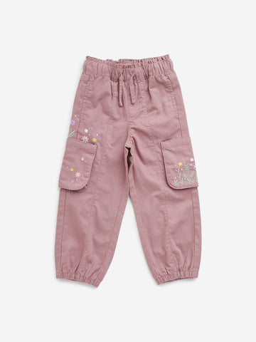 HOP Kids Dusty Pink Floral Embroidered High-Rise Cotton Joggers